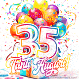 Animazione con palloncini colorati e scintillanti, accompagnata dal numero 35 in caratteri grandi e luminosi, e la scritta 'Tanti Auguri!' in stile vivace.