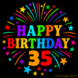A birthday cake with lit candles is shown with colorful balloons and animated confetti.