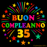 GIF animata 'Buon Compleanno 35' con lettere colorate e fuochi d'artificio