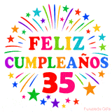 Imagen animada para felicitar los 35 años con letras de colores y diseño festivo.