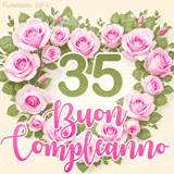 GIF per il 35° compleanno con un cuore di rose rosa e scritta elegante