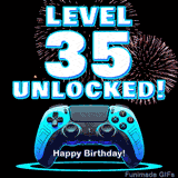 Animated GIF for a 35 birthday. The text 'Level 35 Unlocked!' and 'Happy Birthday!' are displayed over a blue video game controller with exploding fireworks in the background.