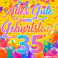 Eine festliche Animation zum 35. Geburtstag, Die Worte 'Alles Gute zum Geburtstag' und die Zahl '35' sind in einer bunten Schriftart gehalten, umgeben von Partyballons und Konfetti.