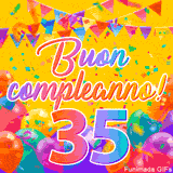 Un GIF animato per un 35° compleanno, Presenta il testo 'Buon Compleanno 35' su uno sfondo giallo vivo con palloncini colorati, festoni e una pioggia di coriandoli.