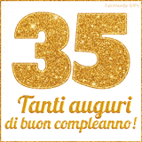 GIF animata per un 35° compleanno, Mostra il numero 35 in grandi caratteri dorati pieni di glitter scintillante, Sotto, la scritta 'Tanti auguri di buon compleanno!' in un elegante oro.
