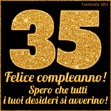 Un GIF animato per un 35° compleanno, Presenta il testo 'Buon Compleanno 35' su uno sfondo giallo vivo con palloncini colorati, festoni e una pioggia di coriandoli.