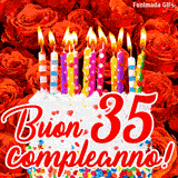 GIF animata per un 35° compleanno, Mostra una torta bianca con candeline colorate accese e coriandoli, di fronte a un muro di rose rosse, Il testo dice 'Buon 35 compleanno!'.
