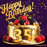 A delicious-looking animated birthday card for a 35th birthday, decorated with raspberries, blackberries, and gold details, Stars sparkle and fall, with 'Happy Birthday!' text above.