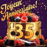 Une animation de célébration d'un gâteau de 35ème anniversaire, Des étoiles dorées tombent du ciel, mettant en valeur le texte 'Joyeux Anniversaire !' et le nombre doré 35 à l'avant du gâteau.