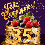 Una animación de celebración de una tarta para el 35º cumpleaños, Estrellas doradas caen del cielo, destacando el texto '¡Feliz Cumpleaños!' y el número dorado 35 en la tarta.