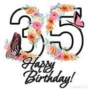 A floral 35th birthday animated greeting card. The number '35' is surrounded by animated flowers and butterflies, creating a beautiful and cheerful way to celebrate the milestone.