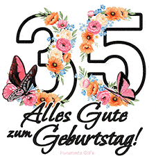 Ein florales GIF zum 35. Geburtstag. Die Zahl '35' ist von animierten Blumen und Schmetterlingen umgeben und bietet eine schöne und fröhliche Art, den Meilenstein zu feiern.