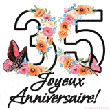 Ce GIF de Joyeux 35ème Anniversaire présente le nombre vingt rempli d'un bouquet vibrant de fleurs animées, avec des papillons qui bougent doucement sur un fond blanc.