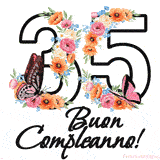 Questo GIF di Buon 35° Compleanno mostra il numero venti riempito con un vibrante bouquet di fiori animati, con farfalle che si muovono dolcemente su uno sfondo bianco.