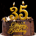 35 Birthday Chocolate Cake with Gold Glitter Number 35 Candles (GIF)