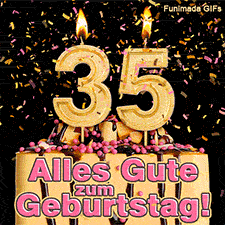 Brennende goldene Ziffer 35 auf einer Torte mit Schokoladenguss. Rosa und gelbes Konfetti wirbelt herab. Aufschrift im Bild: Alles Gute zum Geburtstag!