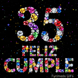 Diseño donde la cifra 35 y las palabras FELIZ CUMPLE están construidas con cristales coloridos sobre un fondo negro con brillantes destellos.