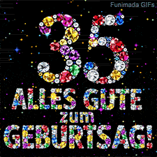 Verschiedenfarbige Kristalle bilden die Ziffer 35 sowie die Worte Alles Gute zum Geburtstag auf einem schwarzen, sternengefüllten Hintergrund.