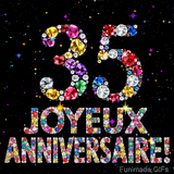 Image animée montrant le chiffre 35 et le texte Joyeux Anniversaire composés de pierres précieuses, avec un effet de scintillement sur fond noir.