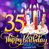Golden number 35 and Happy Birthday script next to a cupcake with white frosting and lit candles, set against a glowing purple background.