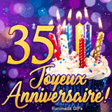GIF d'anniversaire 35 ans représentant le chiffre 35 en or, un cupcake garni de bougies et un décor bokeh lumineux.