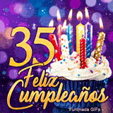 GIF de cumpleaños 35 años representando el número 35 en oro, un cupcake con velas y destellos luminosos.
