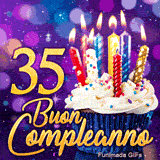 GIF di compleanno 35 anni rappresentante il numero 35 in oro, un cupcake con candeline e scintillii luminosi.