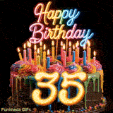 Rotating colorful cake GIF for 35th birthday featuring lit candles, glowing neon Happy Birthday sign, and yellow number 35.