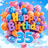 A bright blue number 35 tied to a massive group of drifting balloons. The soft balloon letters spell Happy Birthday against a cloudy blue sky.
