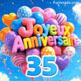 Le grand chiffre bleu 35 est attaché à un groupe de ballons qui flottent au vent. Les lettres ballons forment Joyeux Anniversaire devant le ciel.