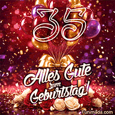 Die goldene Zahl 35 leuchtet zwischen roten lila goldenen Ballons Geschenken Blumen und Konfetti mit Alles Gute zum Geburtstag in dieser Animation