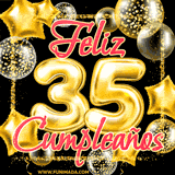 Animación de un GIF con el número 35 en dorado, rodeado de estrellas, burbujas brillantes y la frase 'Feliz cumpleaños' en letras modernas y festivas.