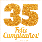 Imagen animada con el número 35 en diseño dorado brillante acompañado de la frase 'Feliz cumpleaños' sobre un fondo blanco simple y elegante.