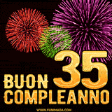 Animazione di fuochi d'artificio colorati con il numero 35 in oro brillante e la scritta 'Buon Compleanno' su uno sfondo nero festivo ed elegante.