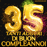 Palloncini dorati a forma del numero 35, accompagnati da scintille e fuochi d'artificio su sfondo nero, con il messaggio 'Tanti auguri di Buon Compleanno!'.