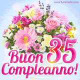 Bouquet animato con rose rosa, margherite e altri fiori colorati, con il numero 35 e la scritta 'Buon Compleanno!' in stile elegante e luminoso.