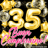 Animazione con palloncini dorati a forma del numero 35, circondati da decorazioni scintillanti e la scritta 'Buon Compleanno!' in caratteri rosa accattivanti.