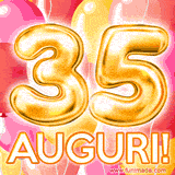 Bouquet animato di palloncini multicolori che emergono da una scatola regalo, con il numero 35 e la scritta 'Tanti Auguri!' su uno sfondo pieno di coriandoli.