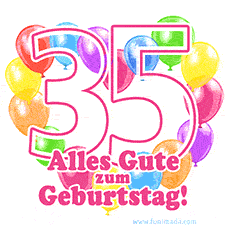 Ein verspieltes animiertes Geburtstags-GIF mit bunten Ballons in Herzform und der Zahl 35.