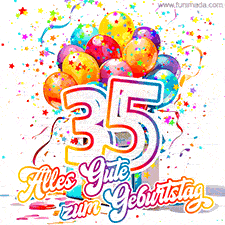 Ein lebendiges Geburtstags-GIF mit bunten Ballons, animiertem Konfetti, der Zahl 35 und den Worten 'Alles Gute zum Geburtstag' in dekorativer Schriftart.