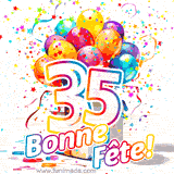 GIF pour un 35e anniversaire avec un grand chiffre 35, des ballons multicolores, des confettis et des rubans, accompagné du texte 'Bonne Fête!' sur un fond festif.