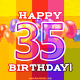 A birthday cake with lit candles is shown with colorful balloons and animated confetti.