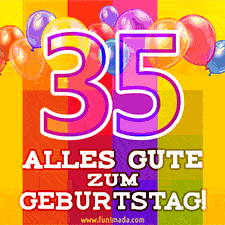 Große Zahl 35 in Umrissschrift, die Worte 'Alles Gute zum 35. Geburtstag', mehrfarbige animierte Ballons und lebendiger Hintergrund.