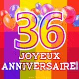 GIF animé 36 ans avec des ballons colorés, un grand chiffre 36 et 'Joyeux Anniversaire!' sur un fond éclatant.