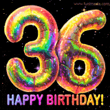 Shiny number 36 birthday celebration balloons with an iridescent glow and glitter on a black background with twinkling stars.