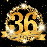 Il numero 36 è circondato da un anello dorato brillante, accompagnato da un nastro elegante con la scritta 'Buon Compleanno!' su uno sfondo scuro.