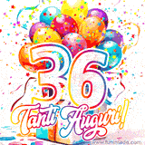 Animazione con palloncini colorati e scintillanti, accompagnata dal numero 36 in caratteri grandi e luminosi, e la scritta 'Tanti Auguri!' in stile vivace.