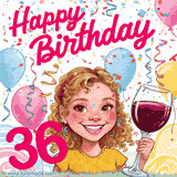 An animated birthday GIF featuring a smiling cartoon woman holding a glass of wine. Text reads 'Happy Birthday 36' surrounded by colorful balloons and confetti.