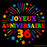 GIF animé 'Joyeux Anniversaire 36' avec des lettres colorées et des feux d'artifice éclatants