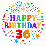 Festive 'Happy Birthday 36' animated GIF with rainbow-colored letters surrounded by fireworks and stars